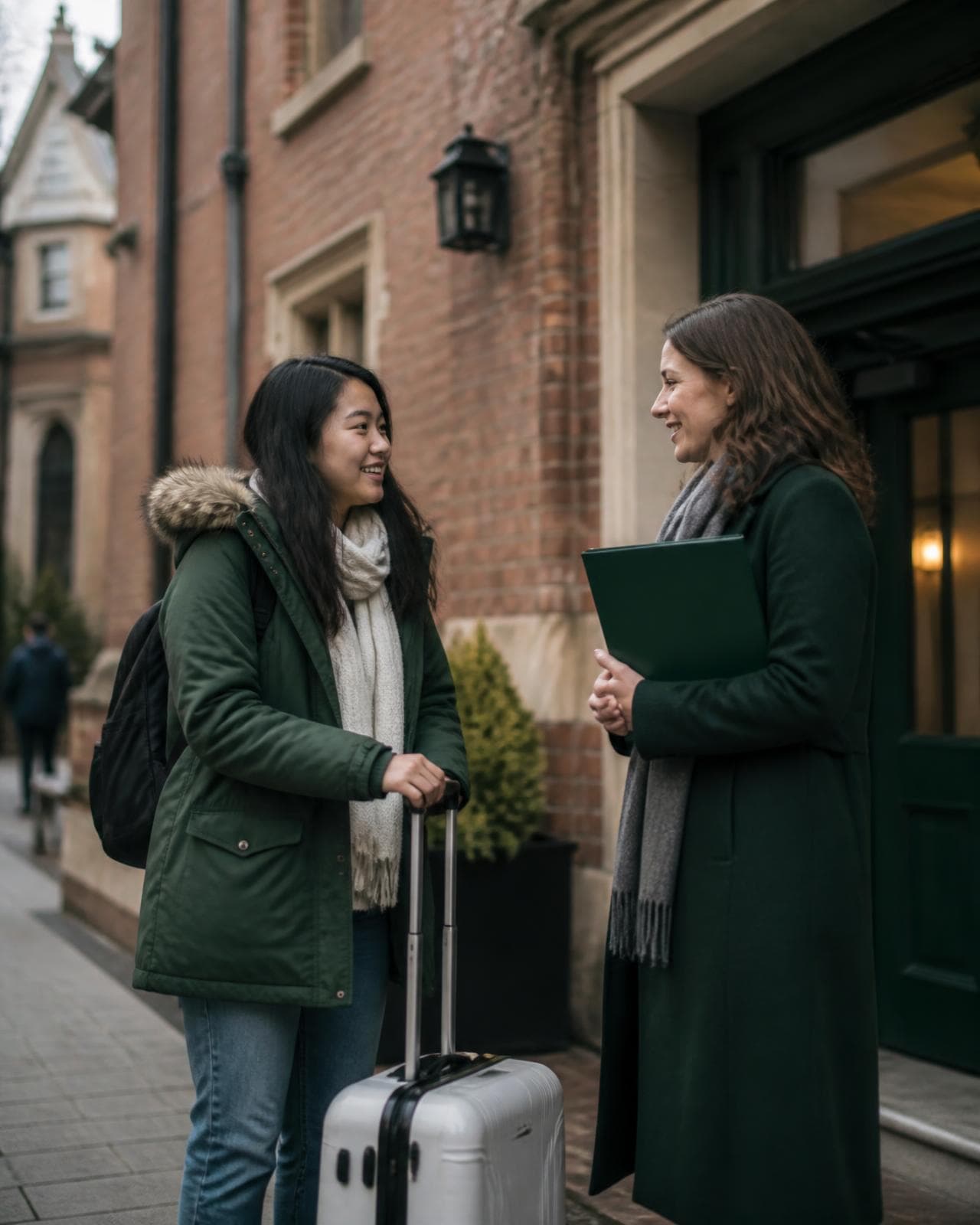 An international student with a suitcase being welcomed outside UK student accommodation by a college advisor
