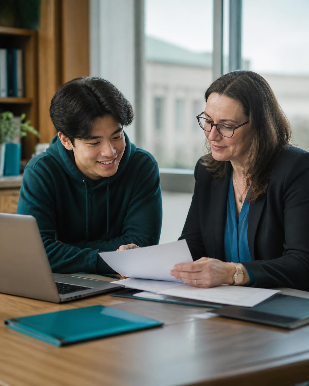 An international student reviewing an offer letter with a university admissions advisor